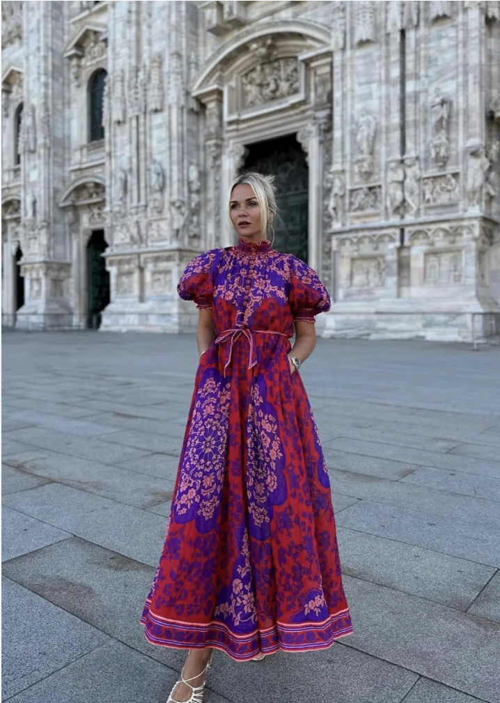 Zimmermann Raie Swing Belted Printed Ramie Maxi Dress Size 2